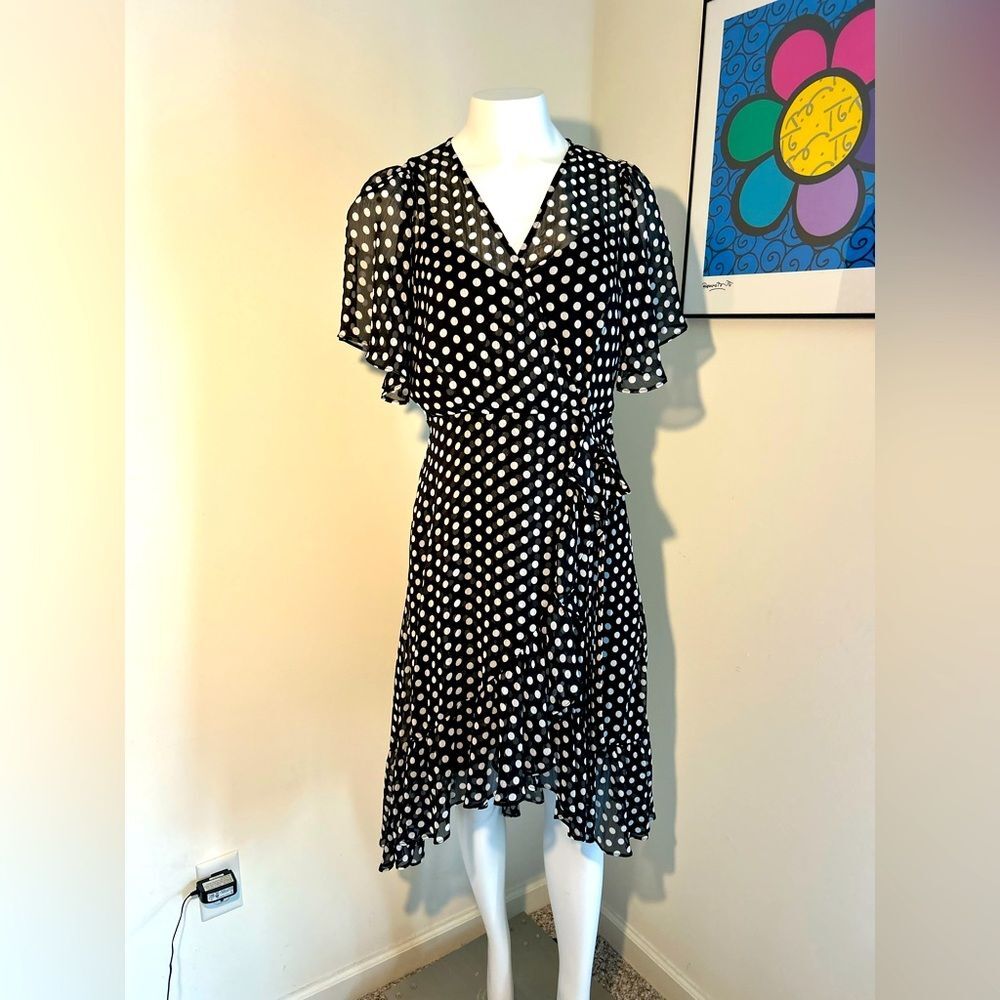 Calvin Klein Black and White Polka Dot Ruffle Hem Dress Size 12